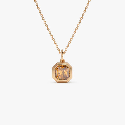 14k Solid Gold Citrine Asscher Cut Necklace 0.97 Carat Bezel Setting