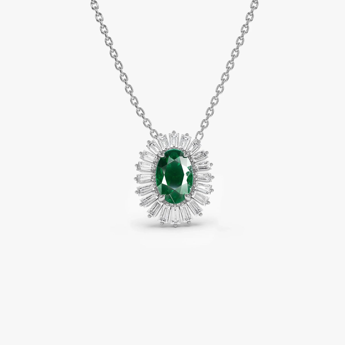 14k Solid Gold Oval Emerald 0.45 CTW and Baguette Diamond 0.20 CTW Halo Pendant Necklace
