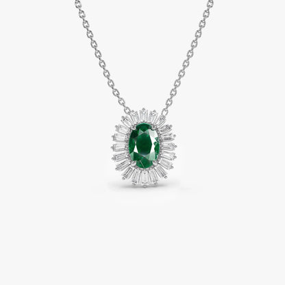 14k Solid Gold Oval Emerald 0.45 CTW and Baguette Diamond 0.20 CTW Halo Pendant Necklace