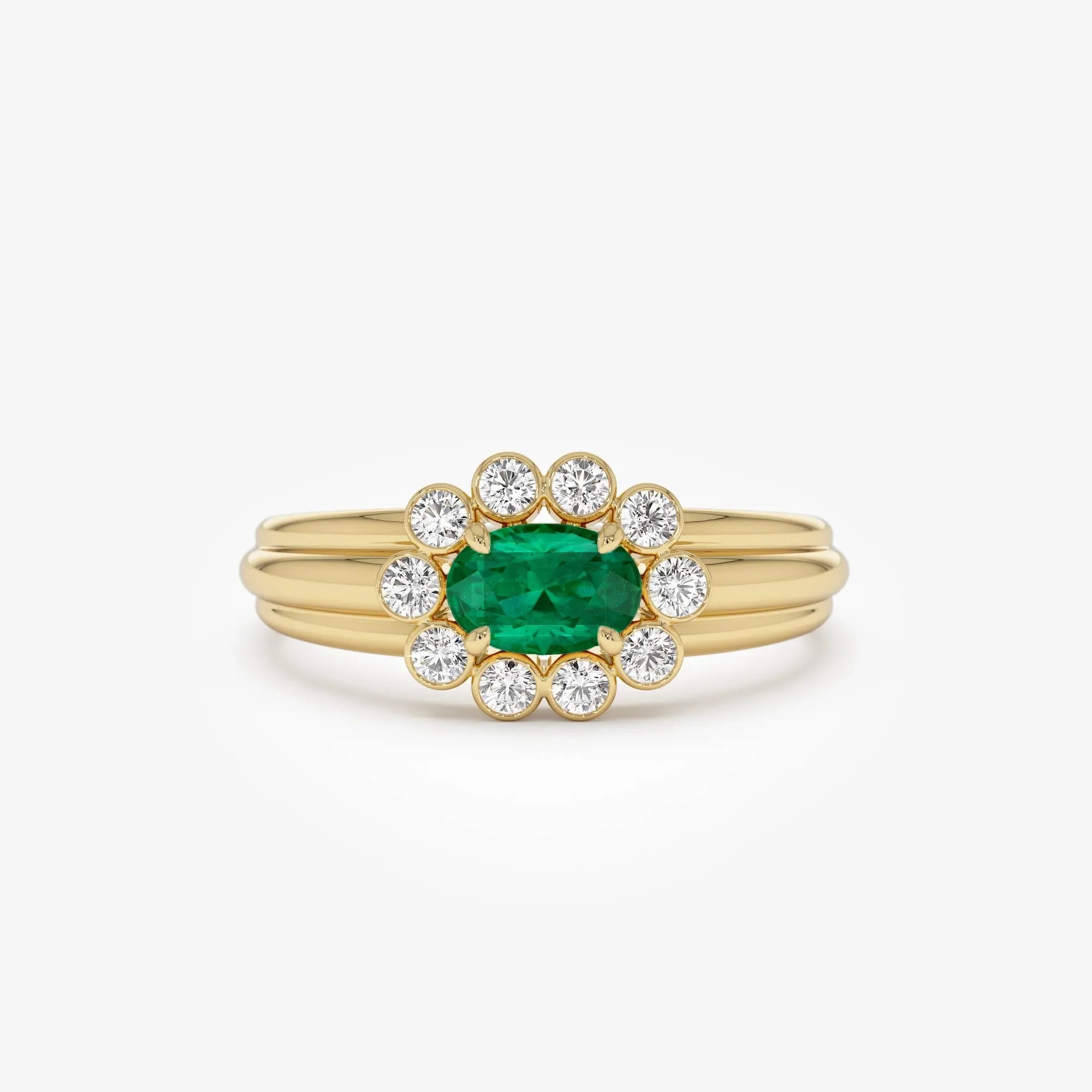 14K Solid Gold Oval Emerald and Round Diamond Bezel Halo Ring 0.60 CTW