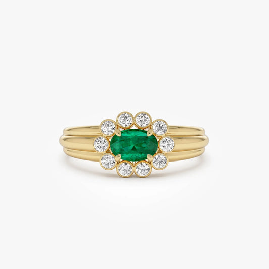 14K Solid Gold Oval Emerald and Round Diamond Bezel Halo Ring 0.60 CTW