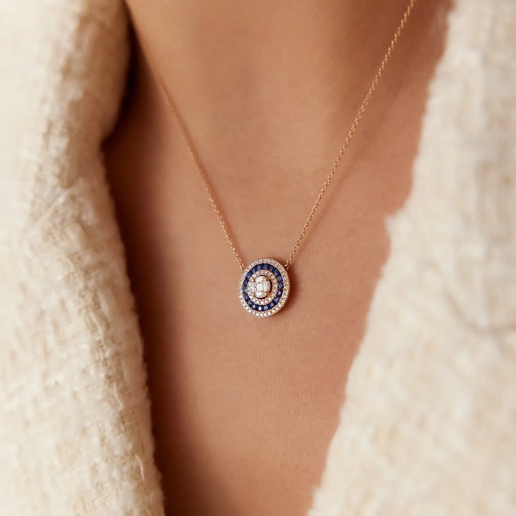 14k Solid Gold Sapphire and Diamond Round Princess Marquise Illusion Medallion Necklace 0.75 Carat