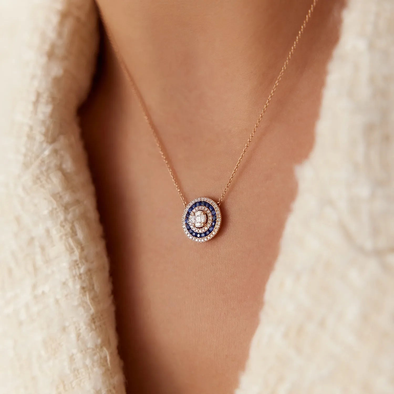 14k Solid Gold Sapphire and Diamond Round Princess Marquise Illusion Medallion Necklace 0.75 Carat