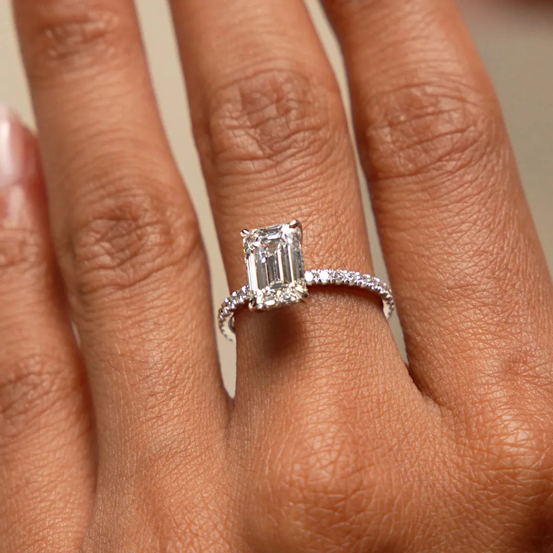 14k Gold 2.45 Ctw Emerald Cut Lab Grown Diamond Pavé Hidden Halo Engagement Ring Aurelia