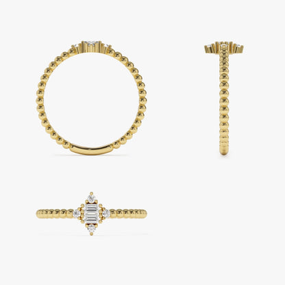 14k Solid Gold Baguette and Round Diamond Beaded Stacking Ring 0.12 ctw