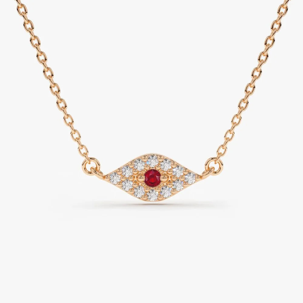 14k Solid Gold Ruby and Diamond Round Evil Eye Necklace 0.17 Carat Micro Pave Setting