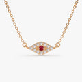 14k Solid Gold Ruby and Diamond Round Evil Eye Necklace 0.17 Carat Micro Pave Setting