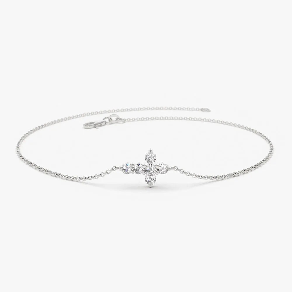 14K Solid Gold Round Diamond Cross Chain Bracelet Prong Setting 0.21 Carat