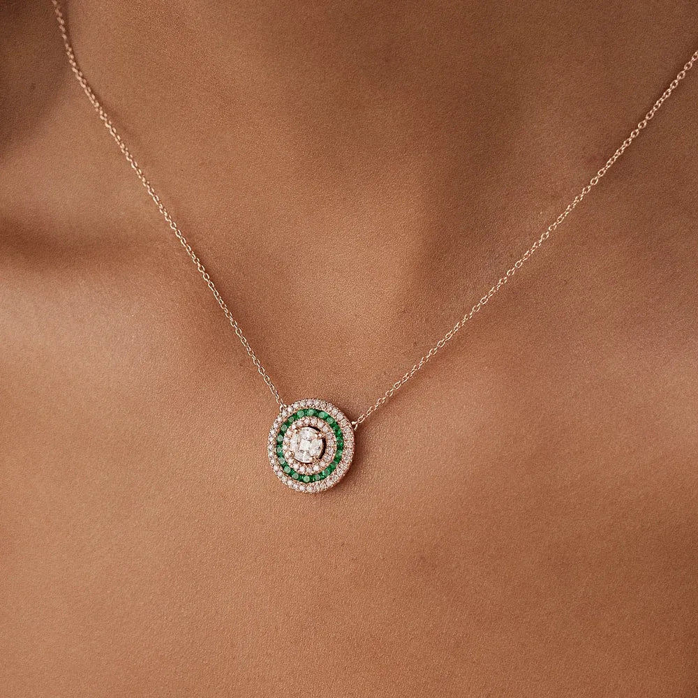 14k Solid Gold Round Marquise and Princess Cut Diamond 0.45 CTW Emerald 0.30 CTW Illusion Setting Necklace