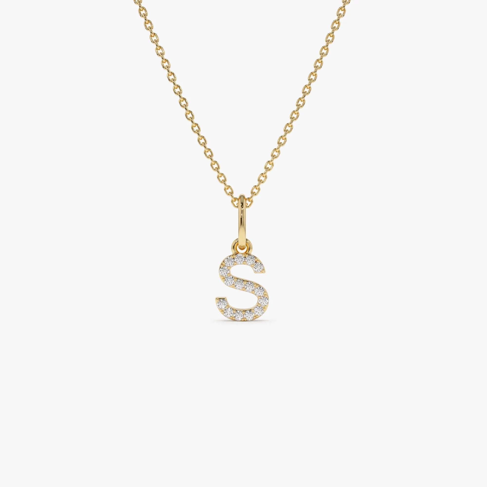 14K Solid Gold Round Diamond Micro Pave Initial Letter Pendant Necklace 0.15ctw