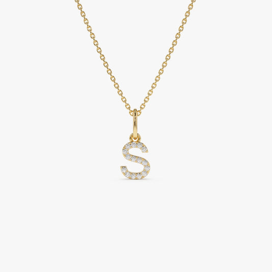 14K Solid Gold Round Diamond Micro Pave Initial Letter Pendant Necklace 0.15ctw