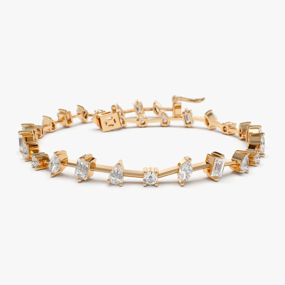 14K Solid Gold 1.98 CTW Round Baguette Marquise and Pear Diamond Multi-Shape Slant Bracelet