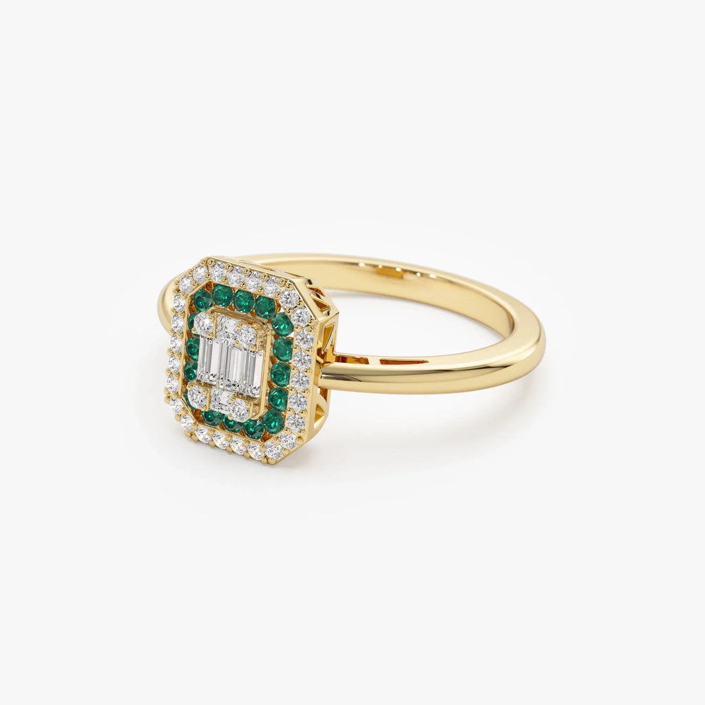 14K Solid Gold Round Emerald and Baguette Diamond Halo Ring 0.47 CTW