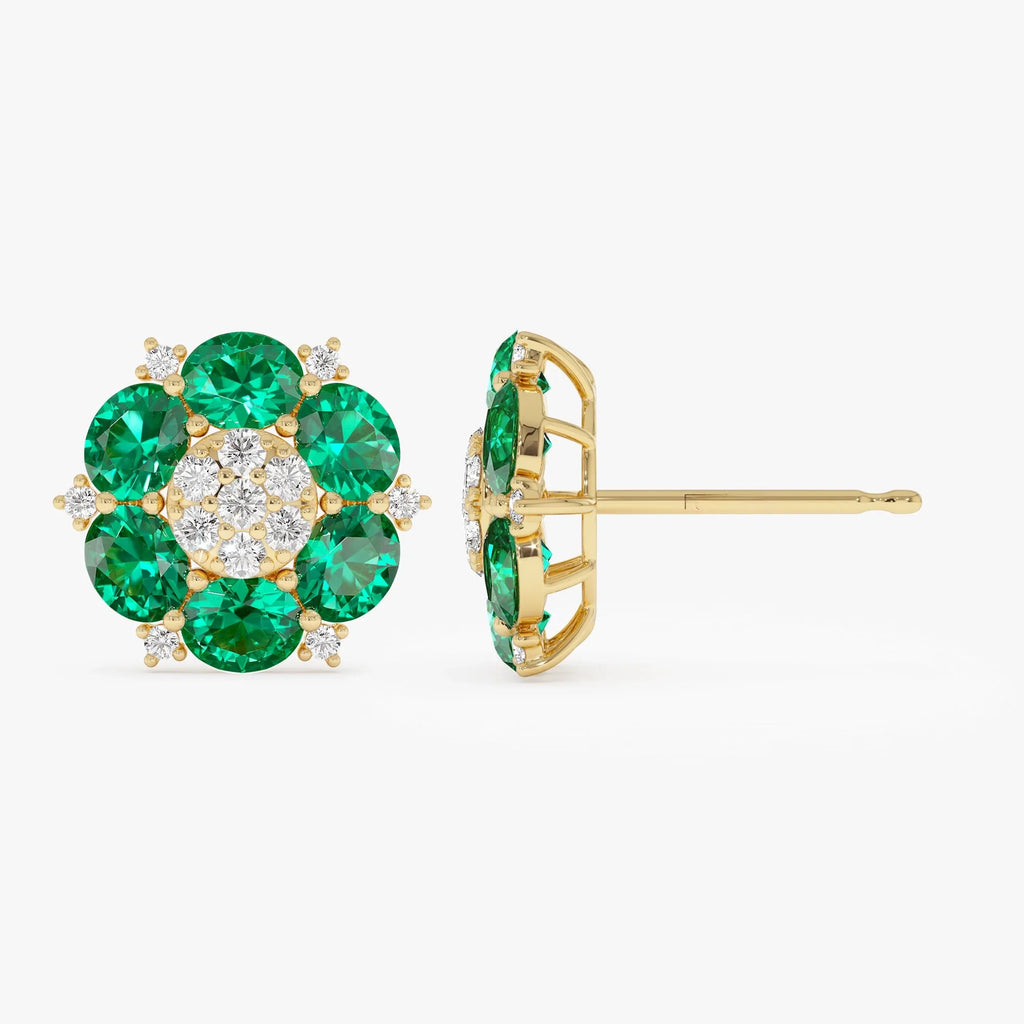 14k Gold Lab Grown Colombian Emerald and Diamond Oval Cut Cluster Stud Earrings 4.70 ctw