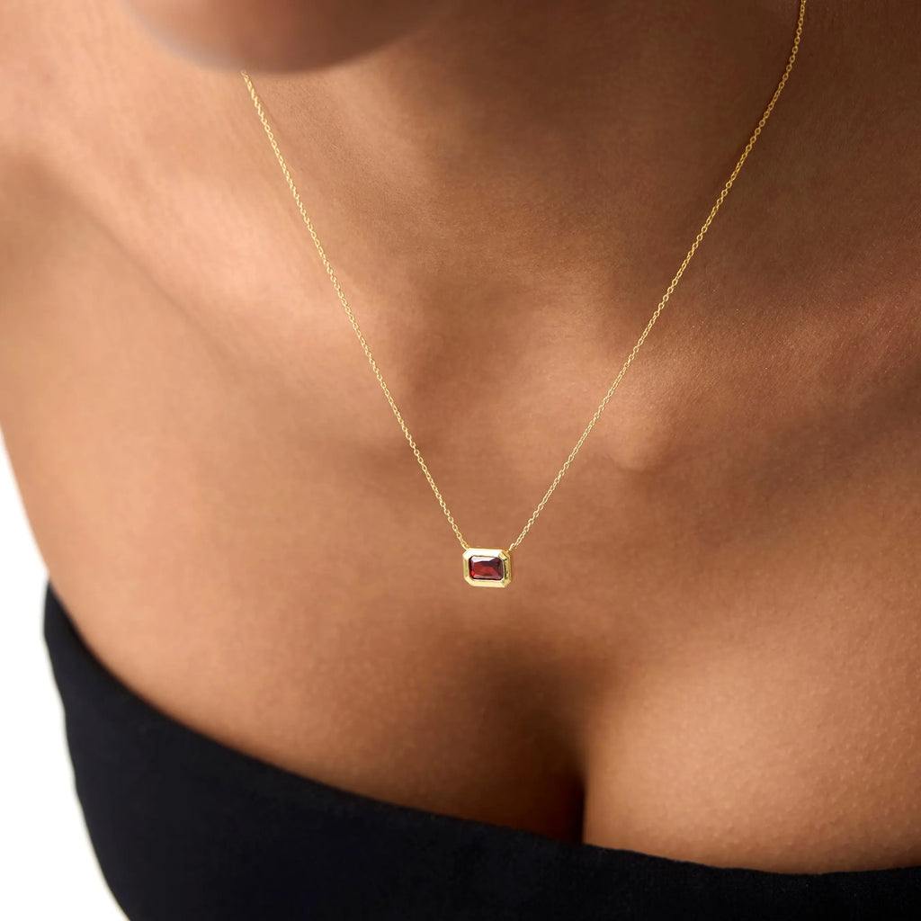 14k Solid Gold Garnet Emerald Cut Necklace 0.95 Carat Bezel Setting