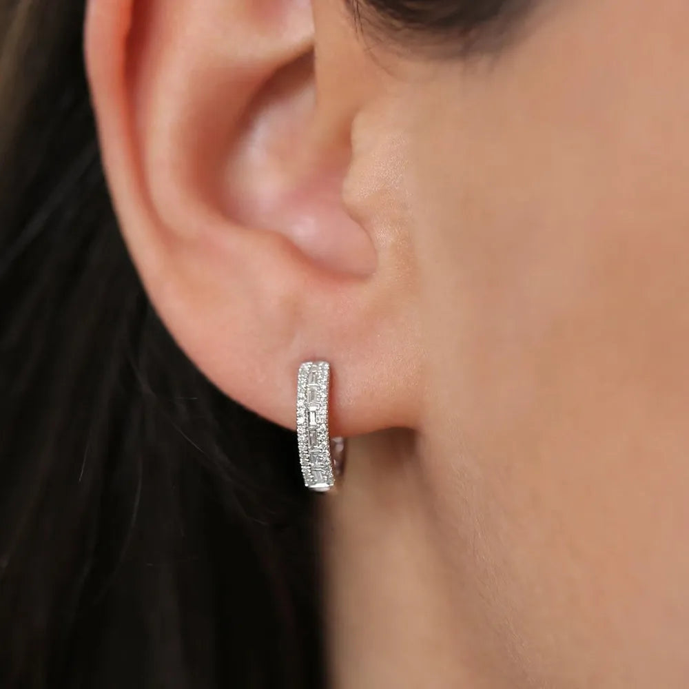 14k Gold Diamond Baguette and Round Cut Pave Hoop Earrings 0.50 ctw