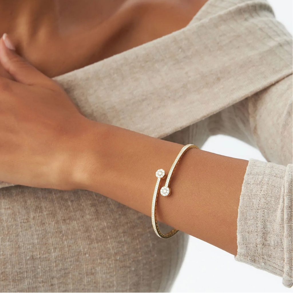14K Solid Gold 0.90 CTW Round Diamond Crossover Bangle