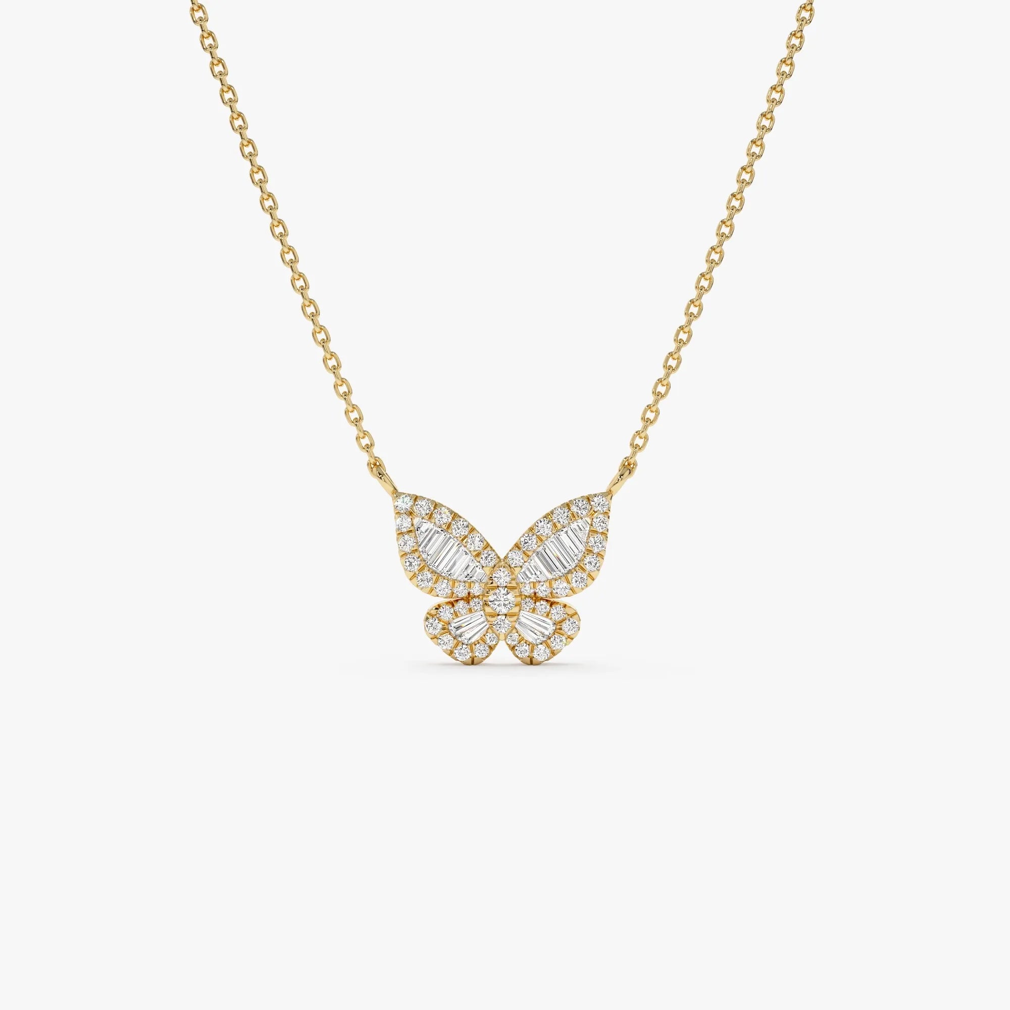14K Solid Gold Baguette and Round Diamond Butterfly Pendant Necklace 0.32ctw