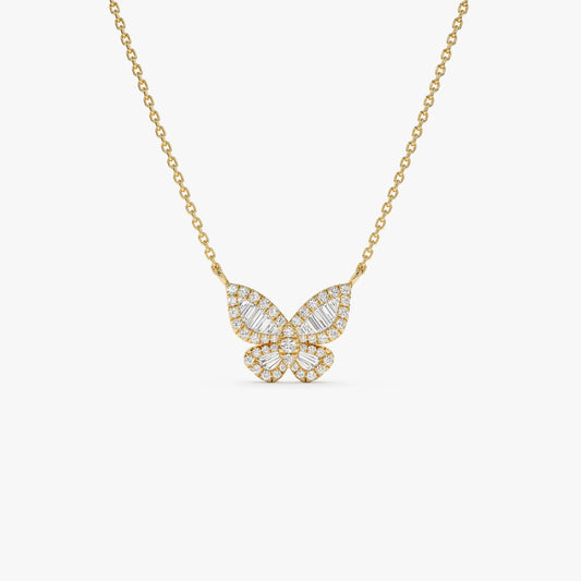 14K Solid Gold Baguette and Round Diamond Butterfly Pendant Necklace 0.32ctw