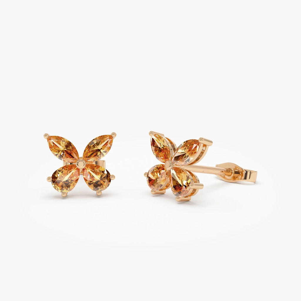 14K Solid Gold Marquise and Pear Cut Citrine Butterfly Stud Earrings 1.20ctw