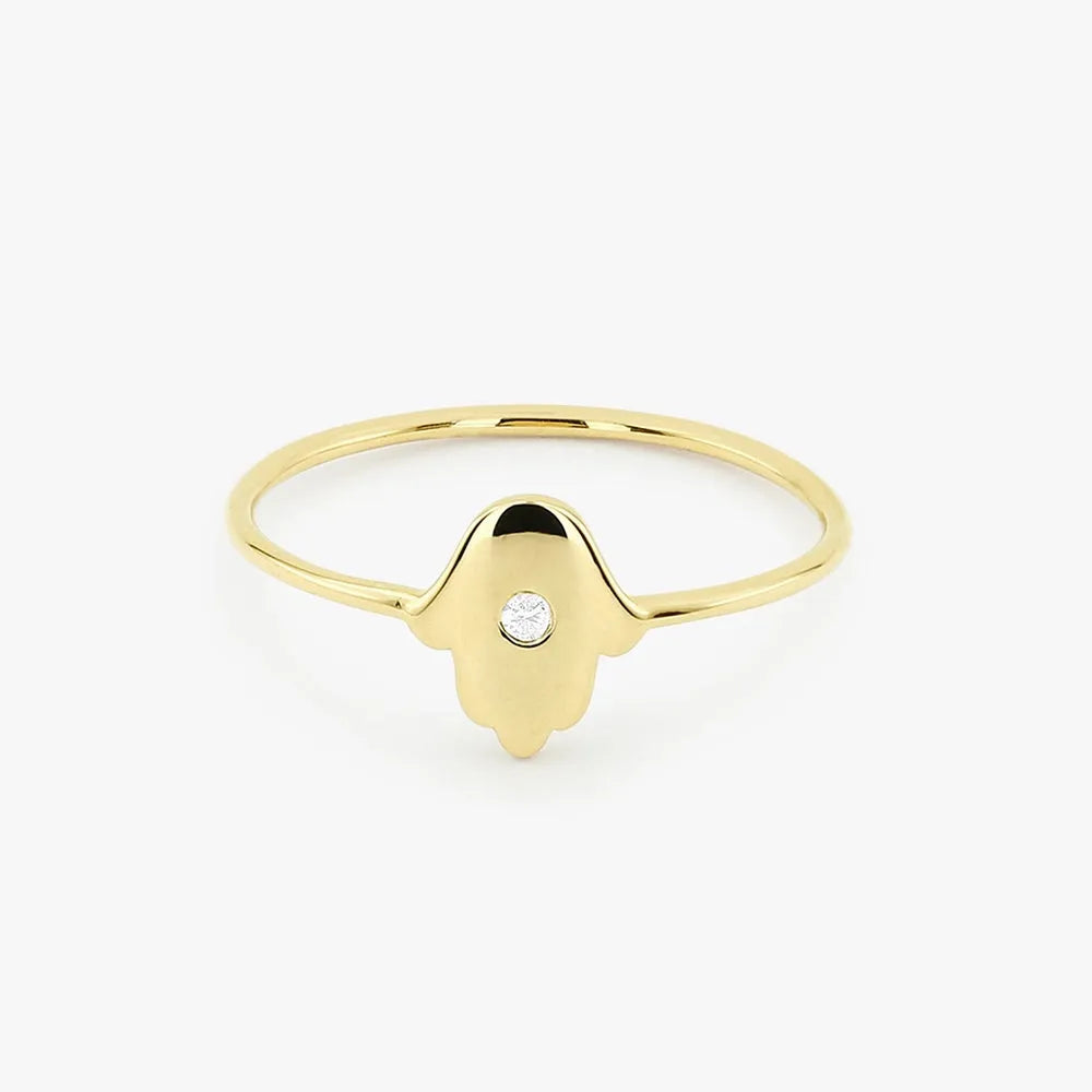 14K Gold Round Diamond Hamsa Ring Burnish Setting .03 CTW