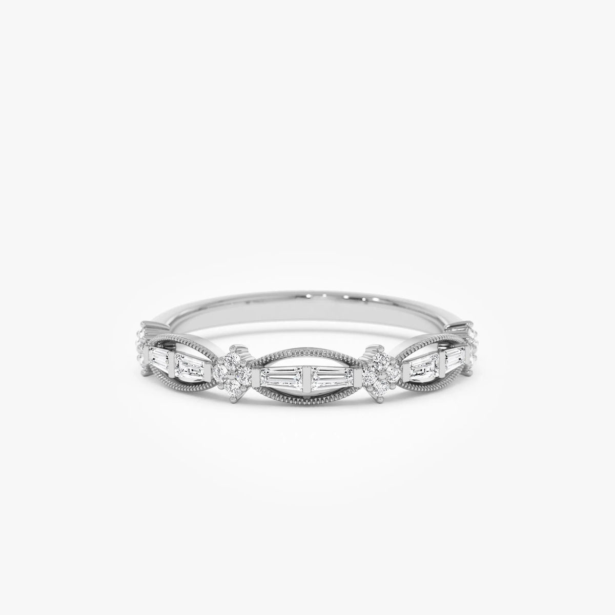 14k Gold 0.18 CTW Baguette and Round Diamond Vintage Inspired Wedding Ring