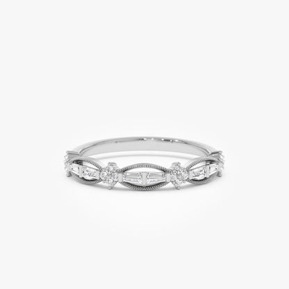14k Gold 0.18 CTW Baguette and Round Diamond Vintage Inspired Wedding Ring