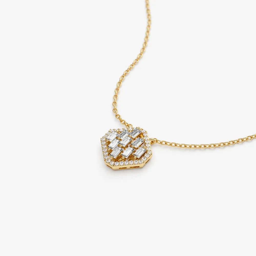 14K Solid Gold Baguette and Round Diamond Halo Necklace Prong Setting 0.32ctw