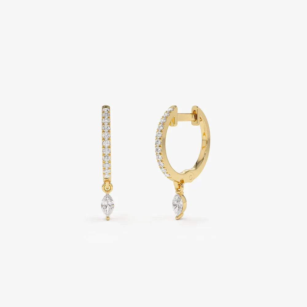 14k Gold Diamond Marquise and Round Cut Dangling Huggie Earrings Prong Micro Pave 0.28 ctw