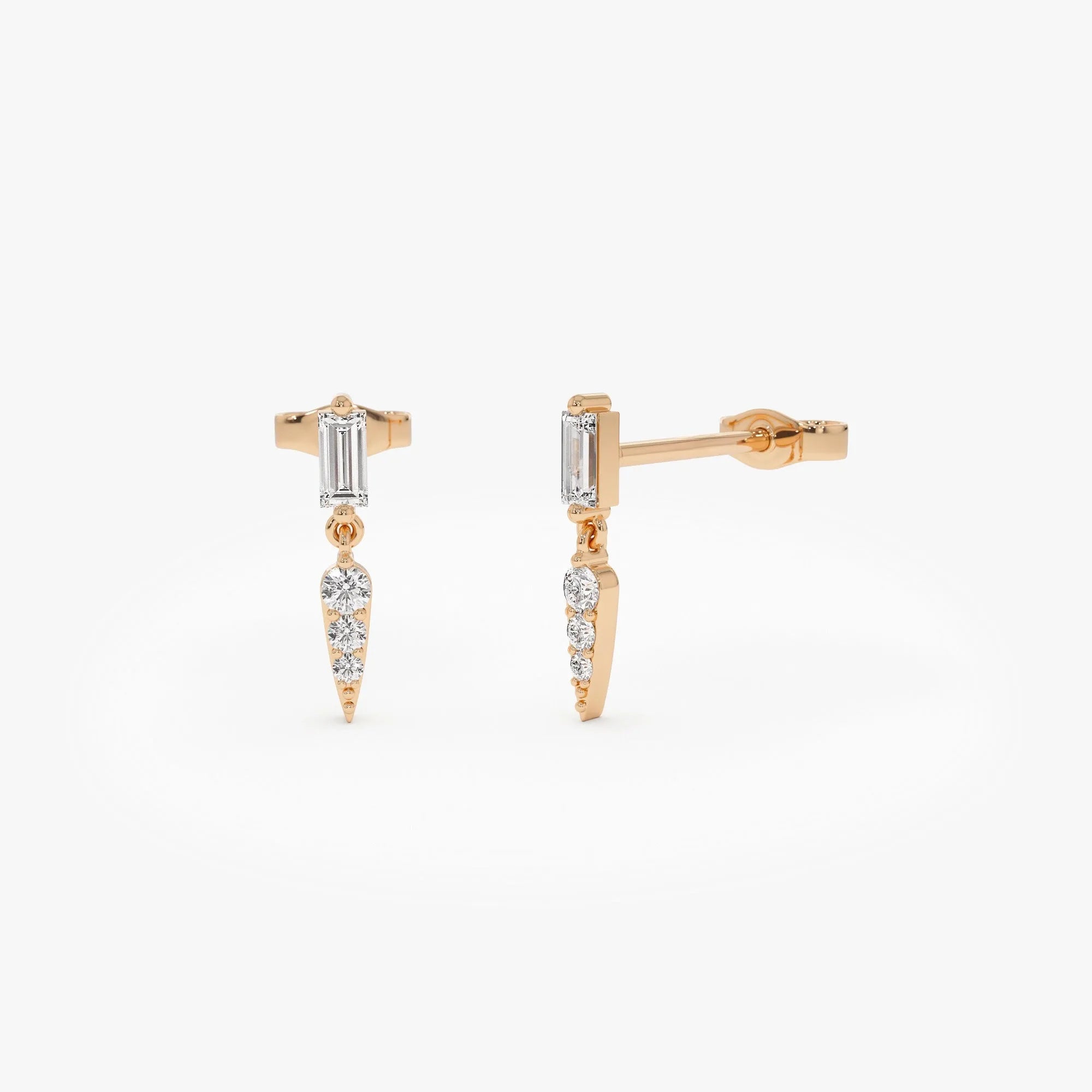 14k Gold Diamond Baguette and Round Cut Dangle Spike Earrings 0.20 ctw