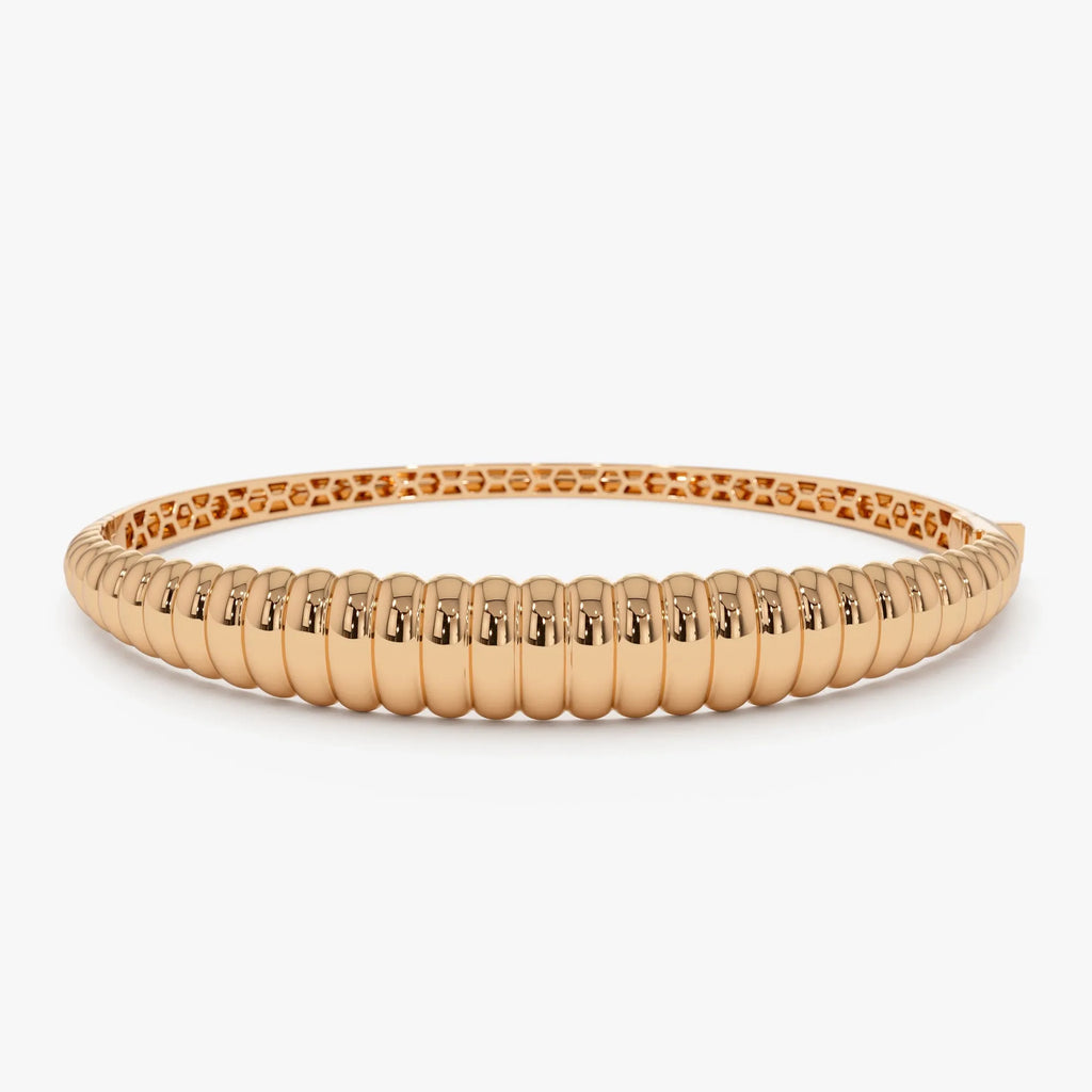 14K Solid Gold Wide Chunky Ribbed Bangle Bracelet