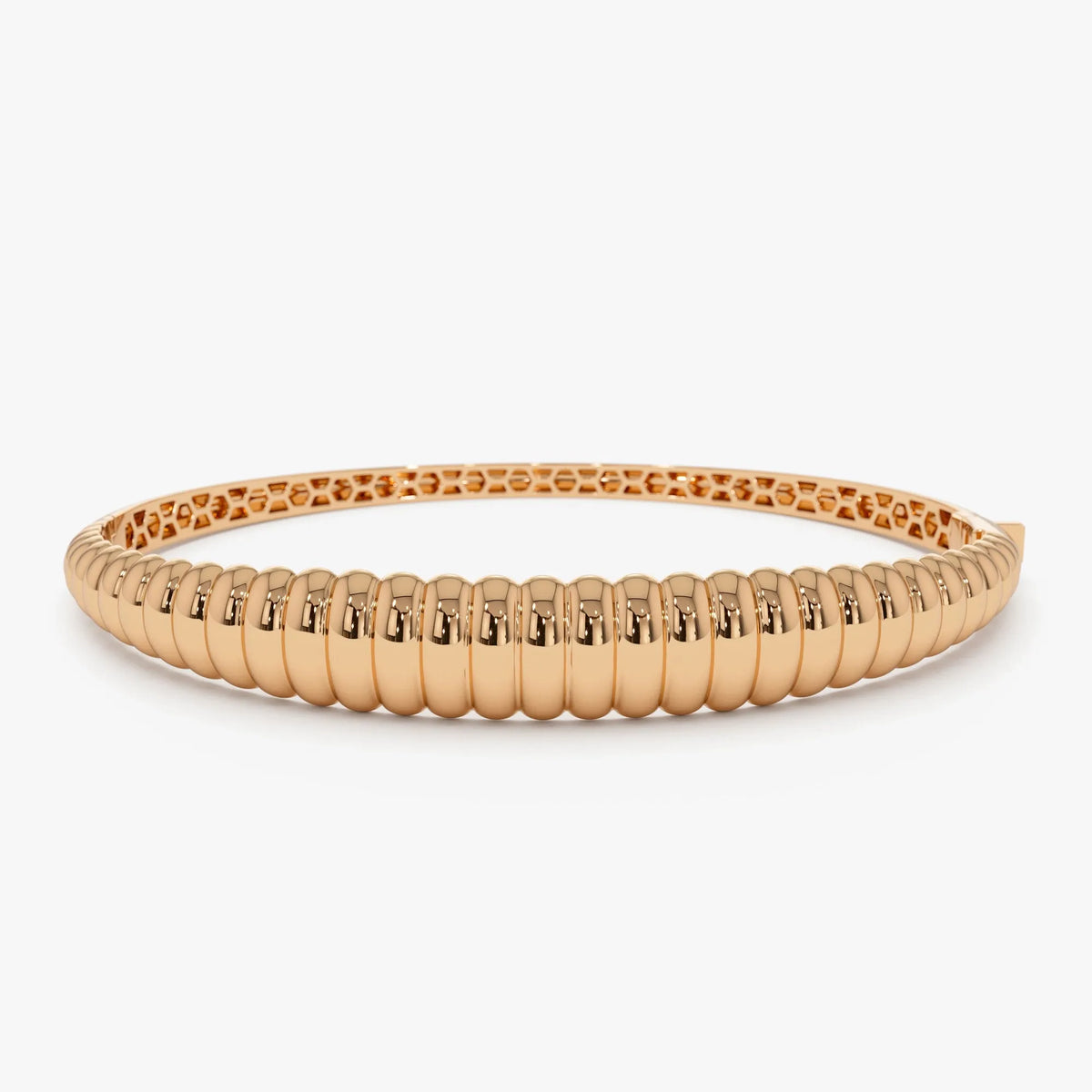 14K Solid Gold Wide Chunky Ribbed Bangle Bracelet