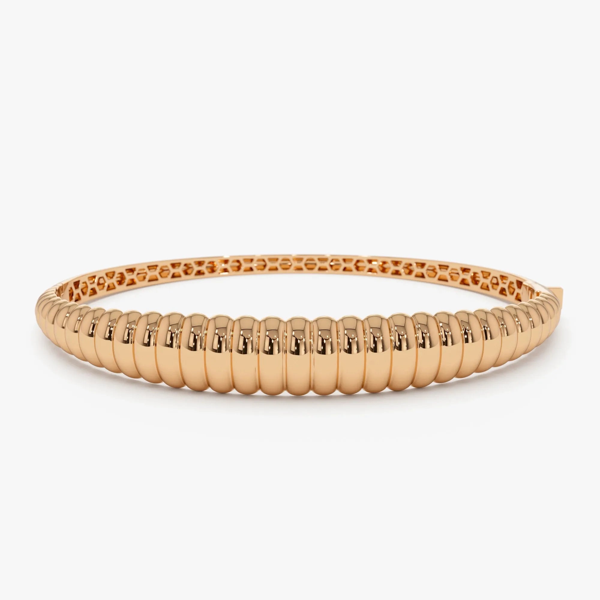 14K Solid Gold Wide Chunky Ribbed Bangle Bracelet