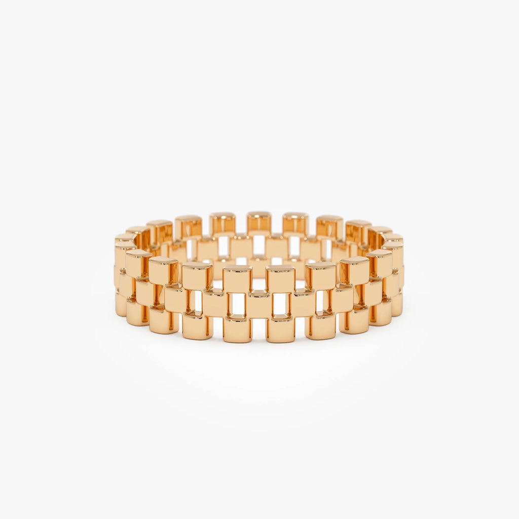 14k Gold 3 Row Link Ring Wide Statement Band
