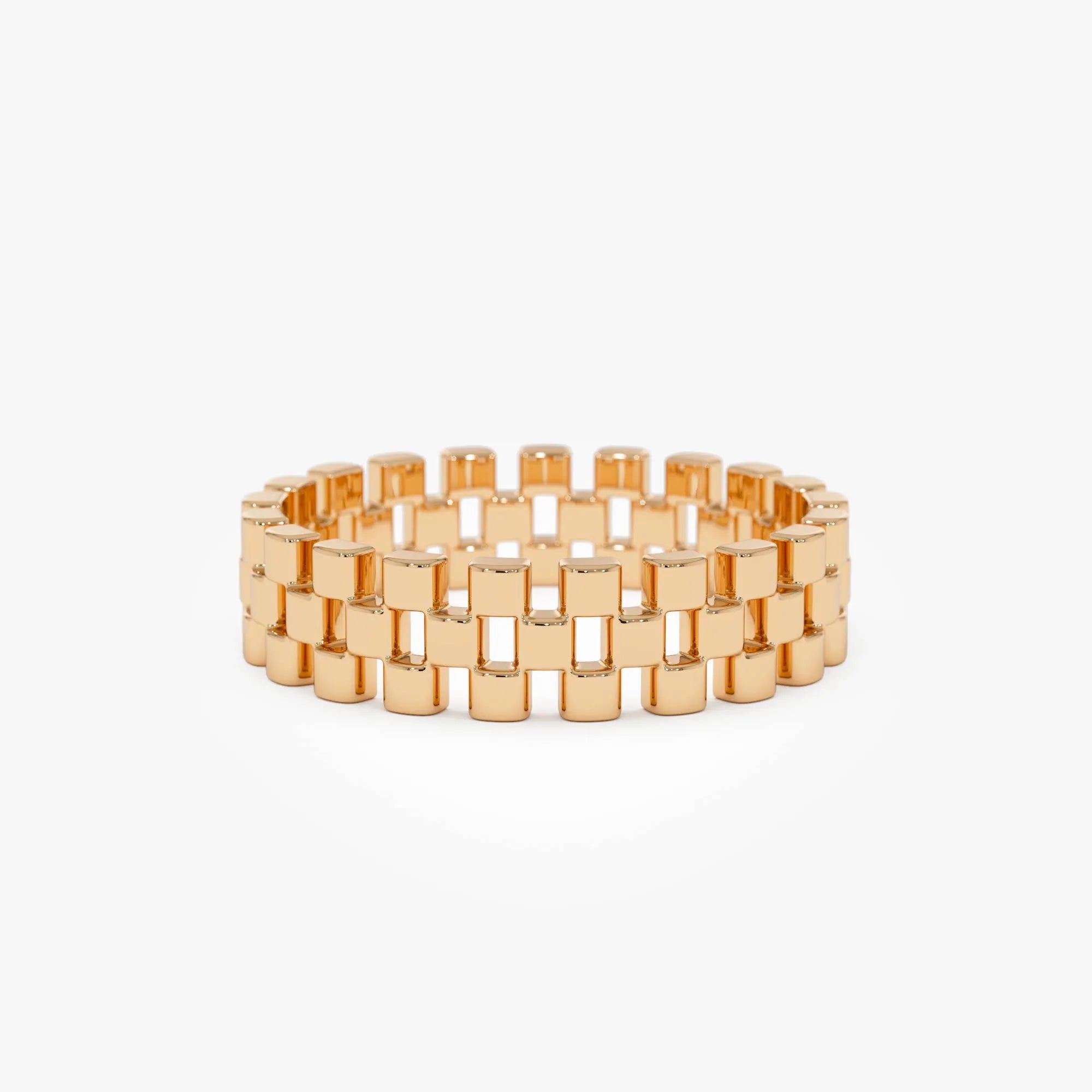 14k Gold 3 Row Link Ring Wide Statement Band