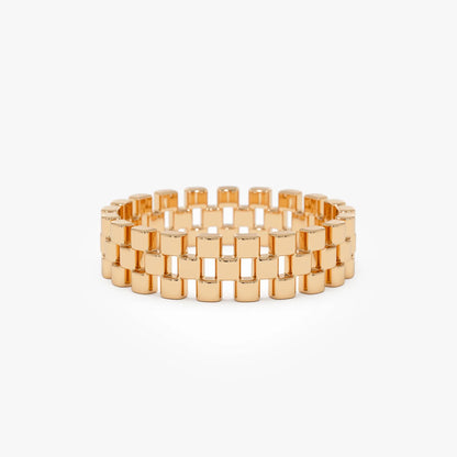 14k Gold 3 Row Link Ring Wide Statement Band