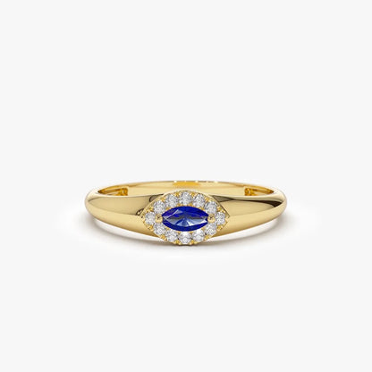 14k Gold Sapphire and Diamond Marquise and Round Cut Halo Ring 0.19 ctw