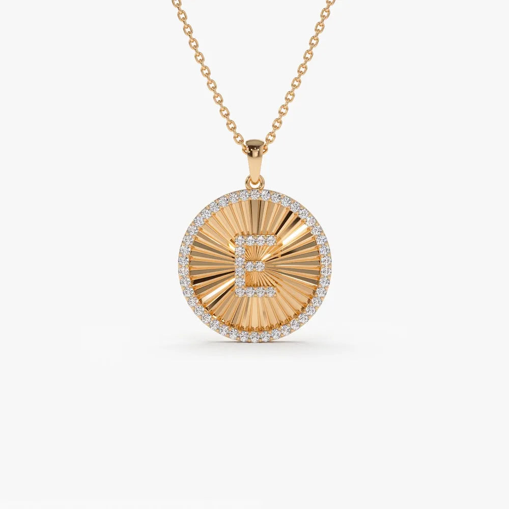 14K Solid Gold Round Diamond Initial Ballerina Disc Pendant Necklace 0.34ctw