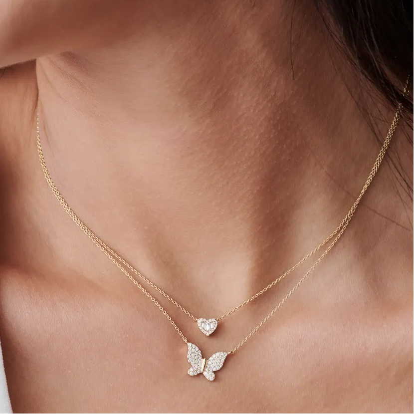14K Solid Gold Round and Baguette Diamond Mini Heart Pendant Necklace 0.14ctw