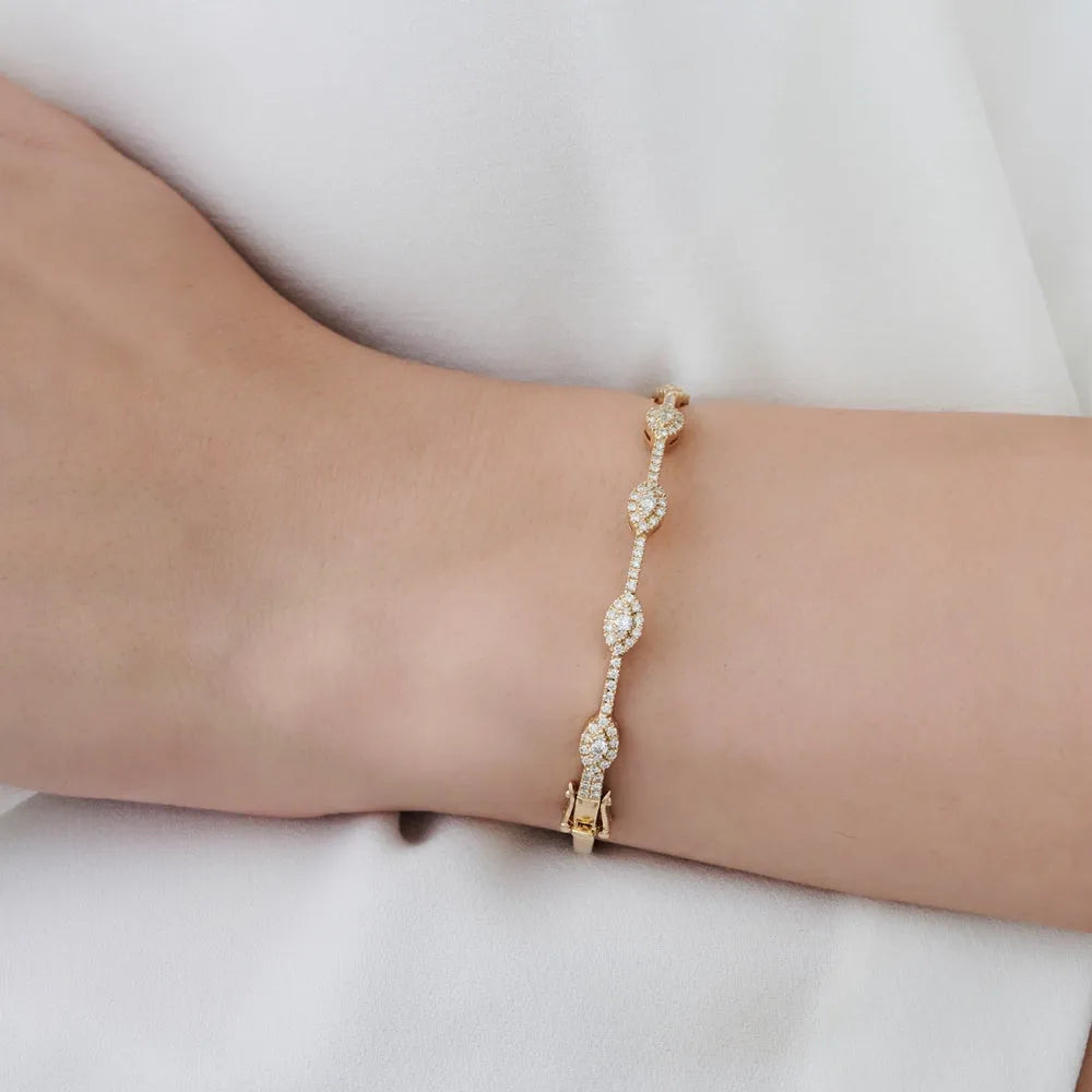 14K Solid Gold 0.99 CTW Round Diamond Marquise Shape Bangle