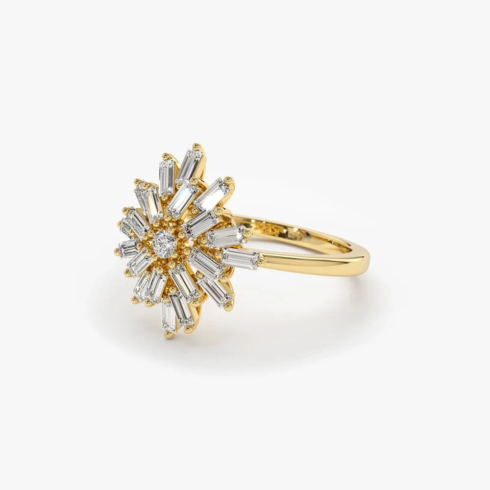 14K Gold 0.58 CTW Baguette and Round Diamond Ballerina Cluster Ring