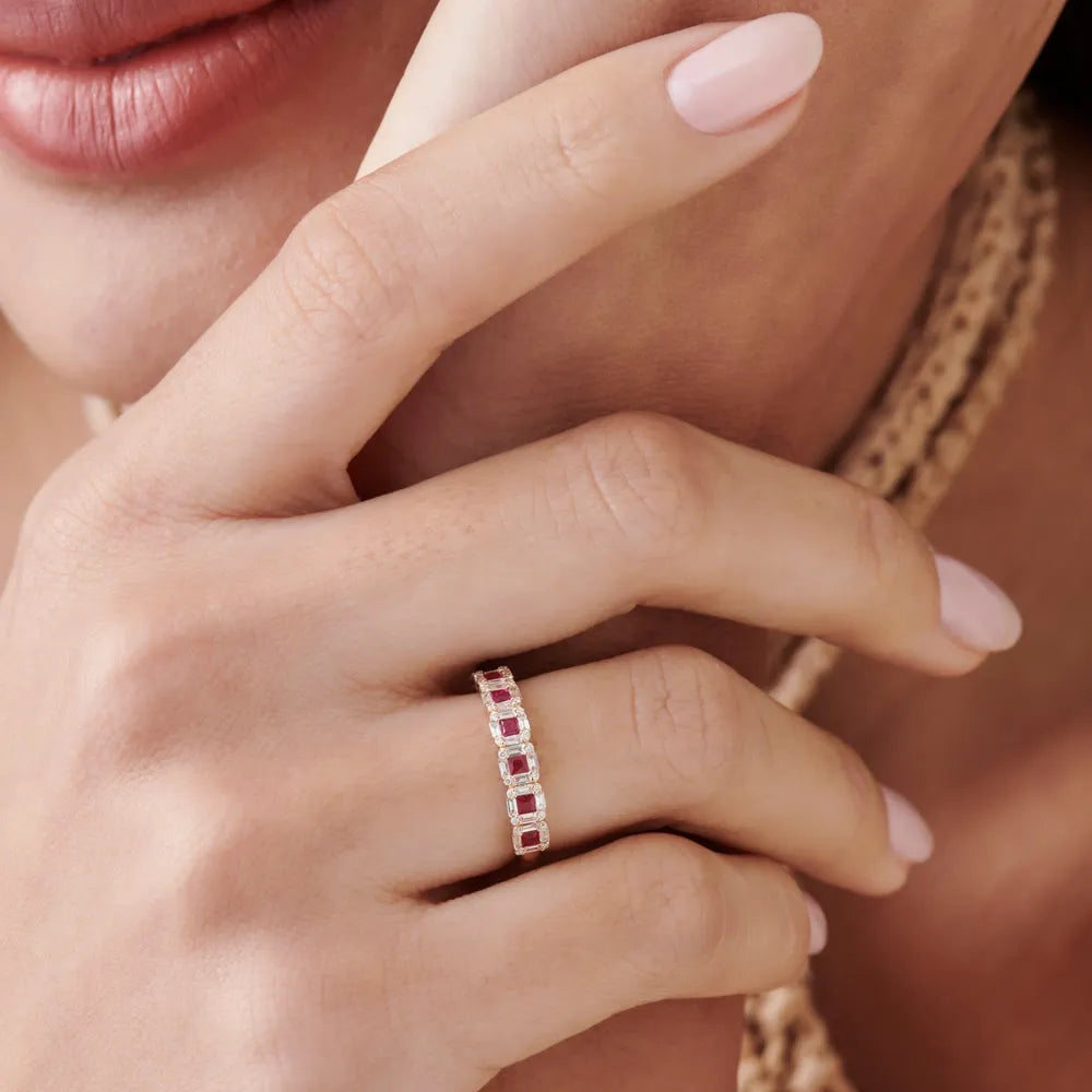 14k Gold Ruby and Diamond Princess Baguette and Round Cut Ring 0.80 ctw