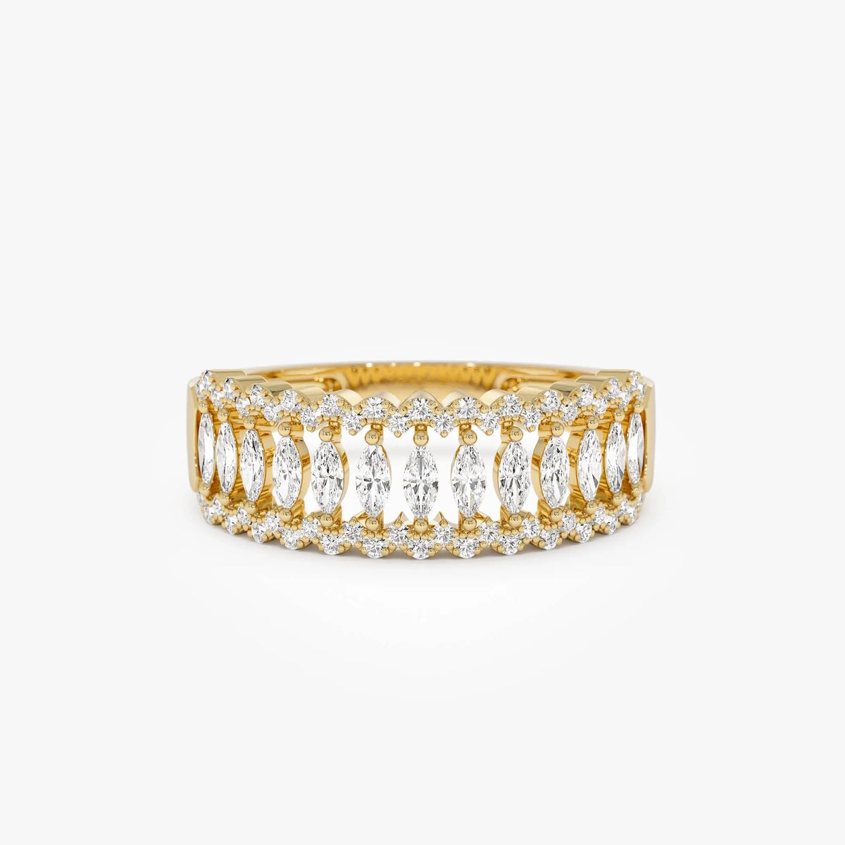 14k Solid Gold Marquise and Round Diamond 0.58 Carat Wide Pave Band Ring