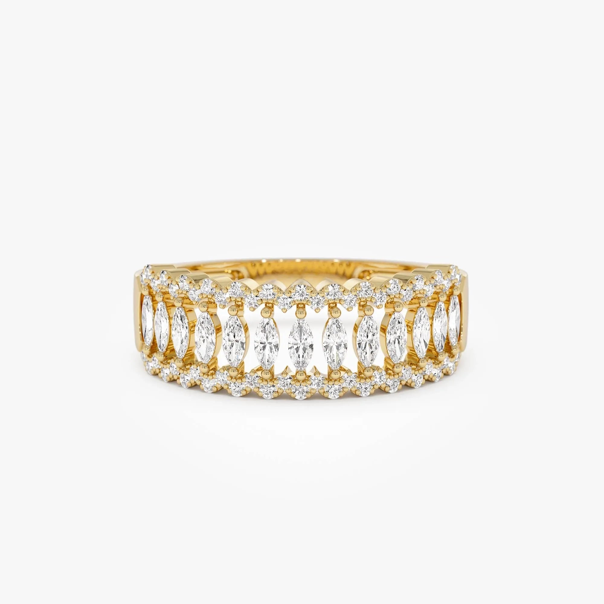 14k Solid Gold Marquise and Round Diamond 0.58 Carat Wide Pave Band Ring