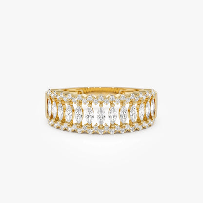 14k Solid Gold Marquise and Round Diamond 0.58 Carat Wide Pave Band Ring