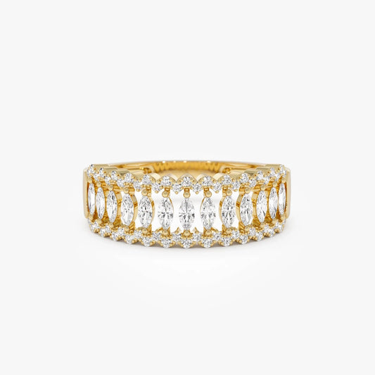 14k Solid Gold Marquise and Round Diamond 0.58 Carat Wide Pave Band Ring