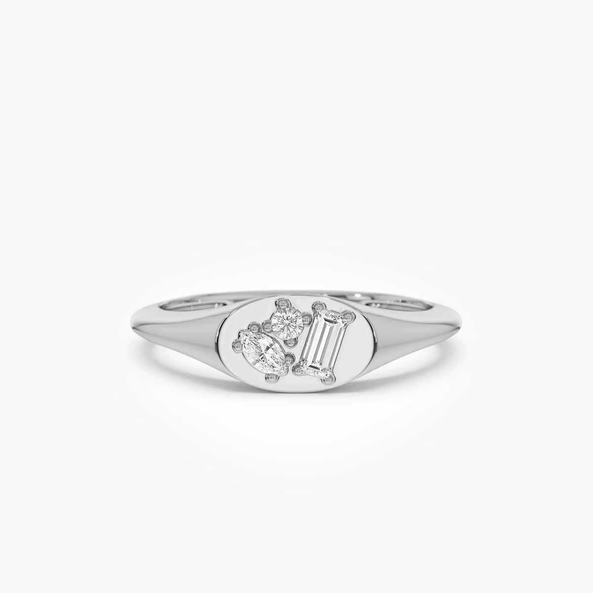 14K Solid Gold Mixed Cut Diamond Signet Ring 0.18 ctw Marquise Baguette and Round Natural Diamonds
