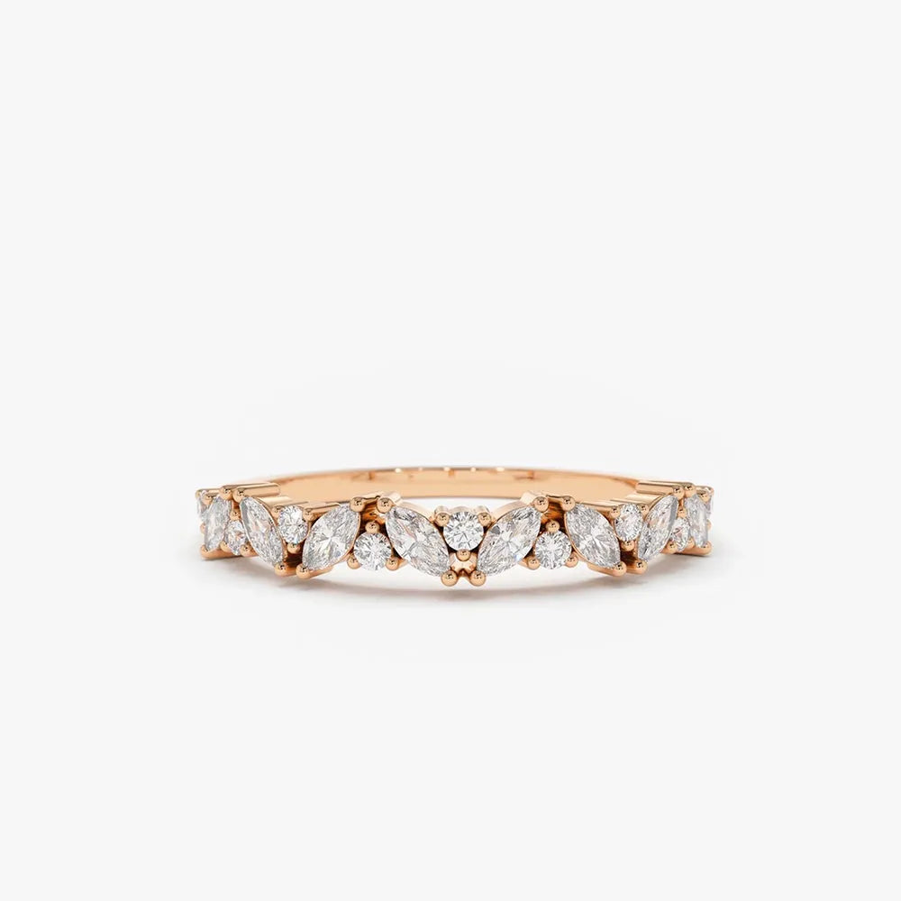 14k Solid Gold Marquise and Round Diamond Slanted Prong Set Ring 0.35 Carat