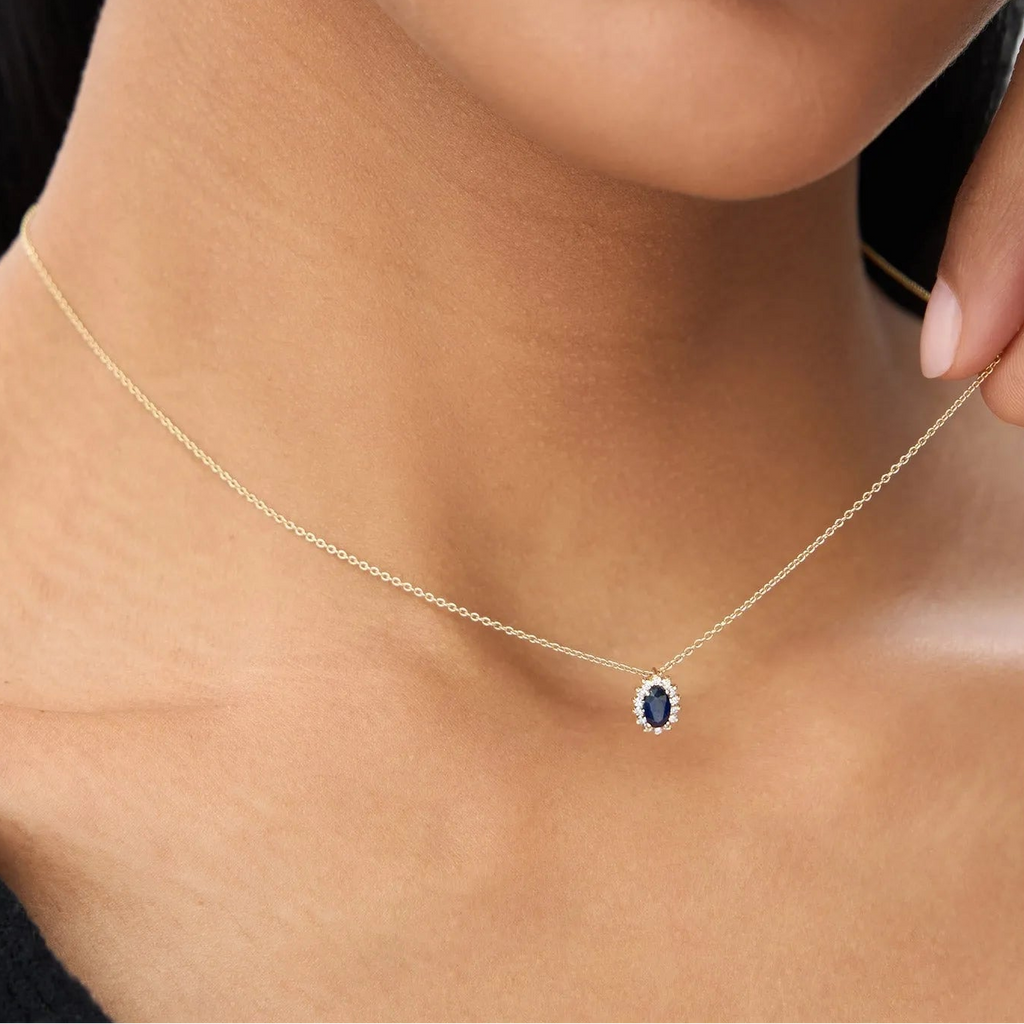 14k Solid Gold Sapphire and Diamond Oval Halo Necklace 0.35 Carat