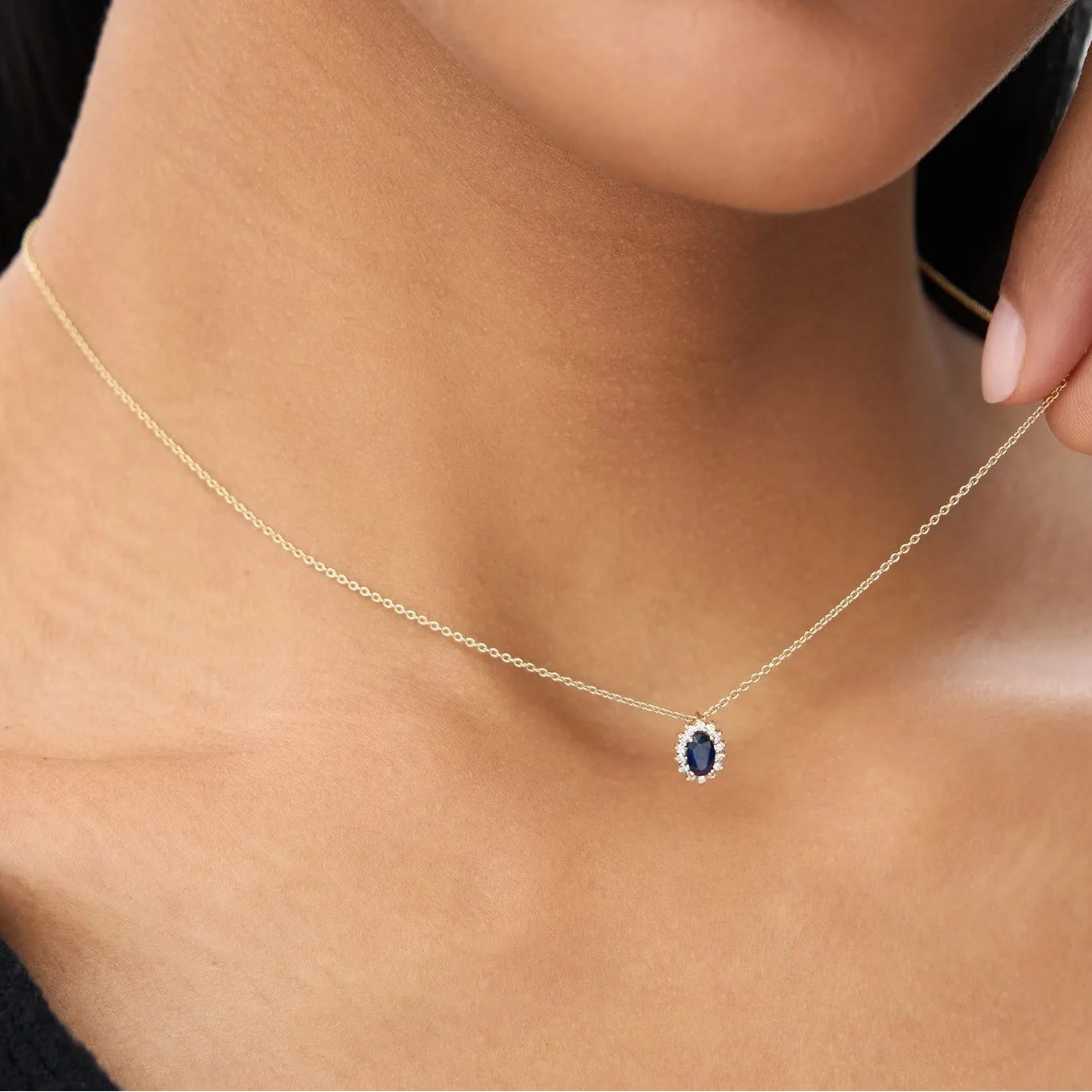 14k Solid Gold Sapphire and Diamond Oval Halo Necklace 0.35 Carat